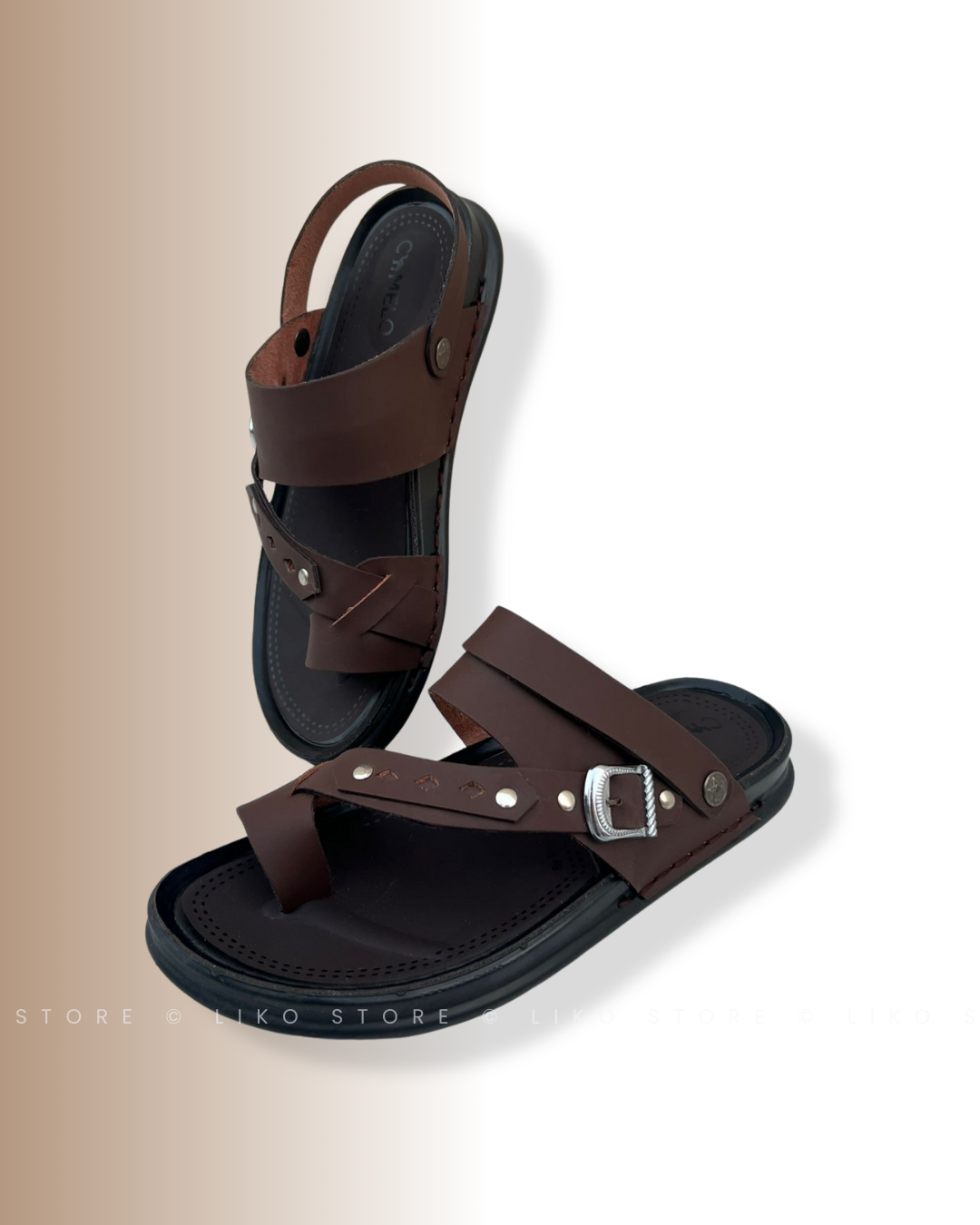 Buckle-Accent Brown Leather Sandals