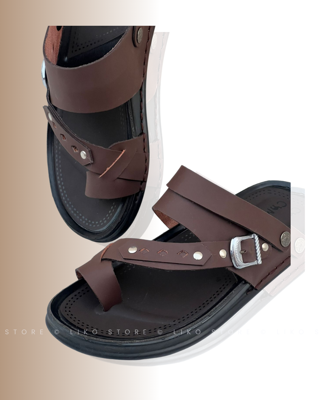 Buckle-Accent Brown Leather Sandals - Image 2